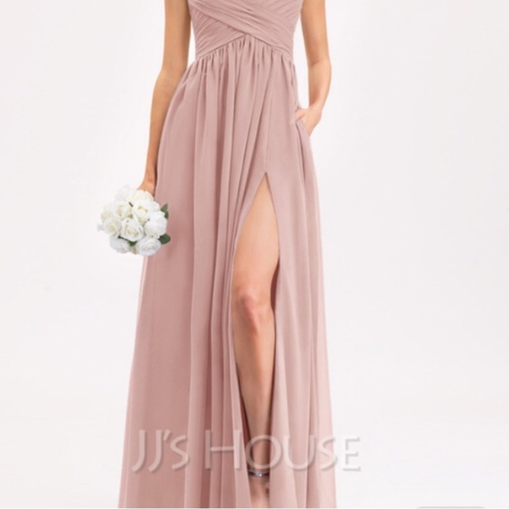 JJ’S HOUSE DUSTY ROSE Chiffon Bridesmaid Dress Slit Front Side - Picture 3 of 10